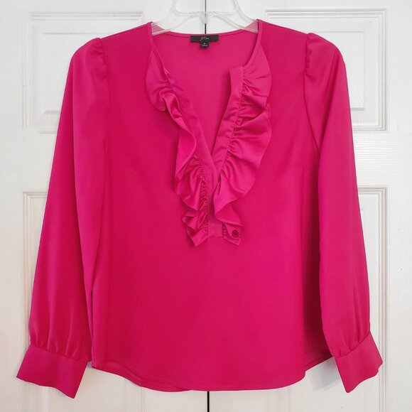 J. Crew Satin Long Sleeve Ruffle Front Crepe Top - Picture 3 of 8